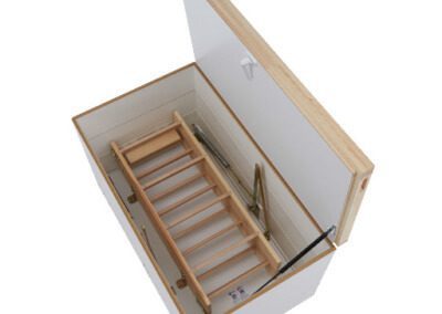 Wooden loft ladder with secondary upper hatch. Offers superb thermal insulation