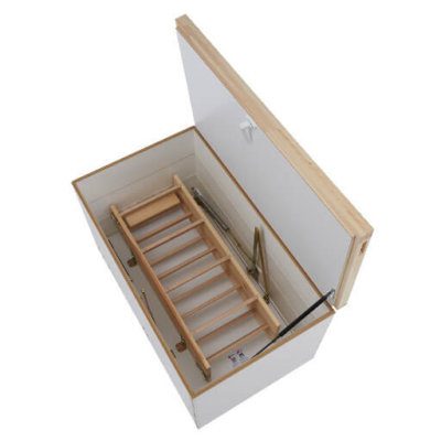 Wooden loft ladder with secondary upper hatch. Offers superb thermal insulation