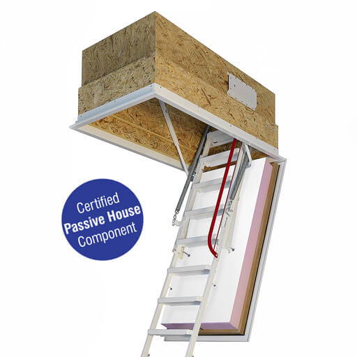 Passivhaus loft ladder. Climatic 160. Highly insulated and fire resistant hatch box. High strength steel ladder. Passivhaus loft ladder. Climatic 160. Highly insulated and fire resistant hatch box. High strength steel ladder.
