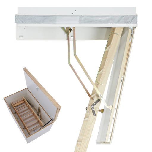 Pull-down loft ladder with upper hatch for superb thermal insulation Pull-down loft ladder with upper hatch for superb thermal insulation