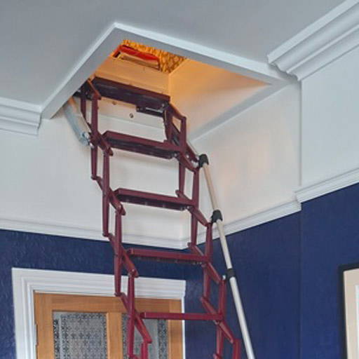 Elite concertina ladder in RAL 3005 'Wine Red'. Providing loft access from a bedroom. Premier Loft Ladders case study